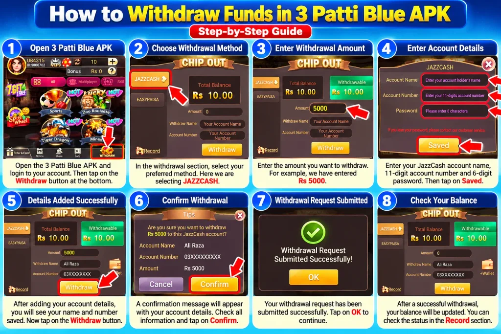 How to Withdraw Money from 3 Patti Blue